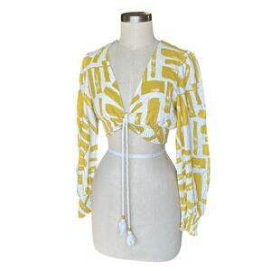 HOUSE OF HARLOW Yellow White Abstract Linen Blend Crop Top Women's Size XS